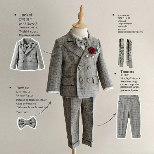 Kids Boys Gentleman Plaid Suit Outfit Jacket Pants Suspenders Bow Tie Formal Wedding Party Photograph Costume for Baby Boy Cloth