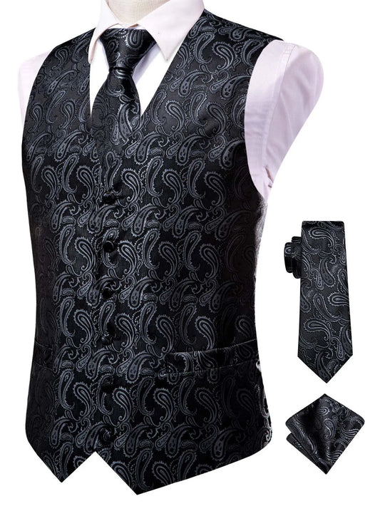 Men's Jacquard Vest 3-Piece Set – Satin Waistcoat with Tie & Pocket Square for Wedding & Formal Occasions