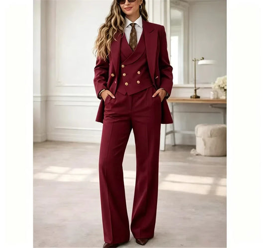 Classic Womens 3 Piece Suit Tailored Pantsuit Costume Femme Chic Elegant Wedding Guest Power Suit Mariage Jacket+Vest+Pant