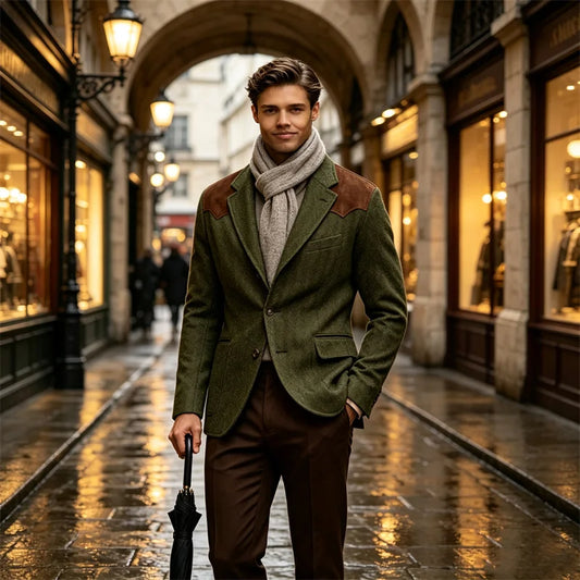 Men's Herringbone Tweed Blazer Shoulder Patches Vintage Hunting Casual Jacket For Work Party Countryside Travel Daily Wear