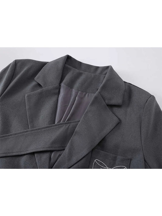Women Grey Blazer Coat Fashion Vintage Streetwear Harajuku Loose Long Sleeve Bow Embroidery Suit Jacket Outerwear Clothes Autumn