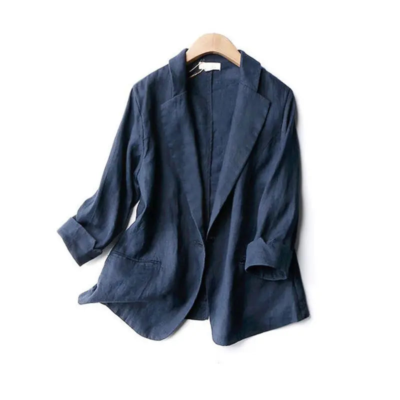 Women's Linen Blazer Loose Fit Single Button 3/4 Sleeve Lightweight Casual Suit Jacket
