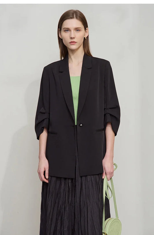 Minimalist Women's Blazer Mujer 2025 Autumn New Solid Loose Seven-quarter Sleeve Lapel Button Commuter Suit Jacket 12512019