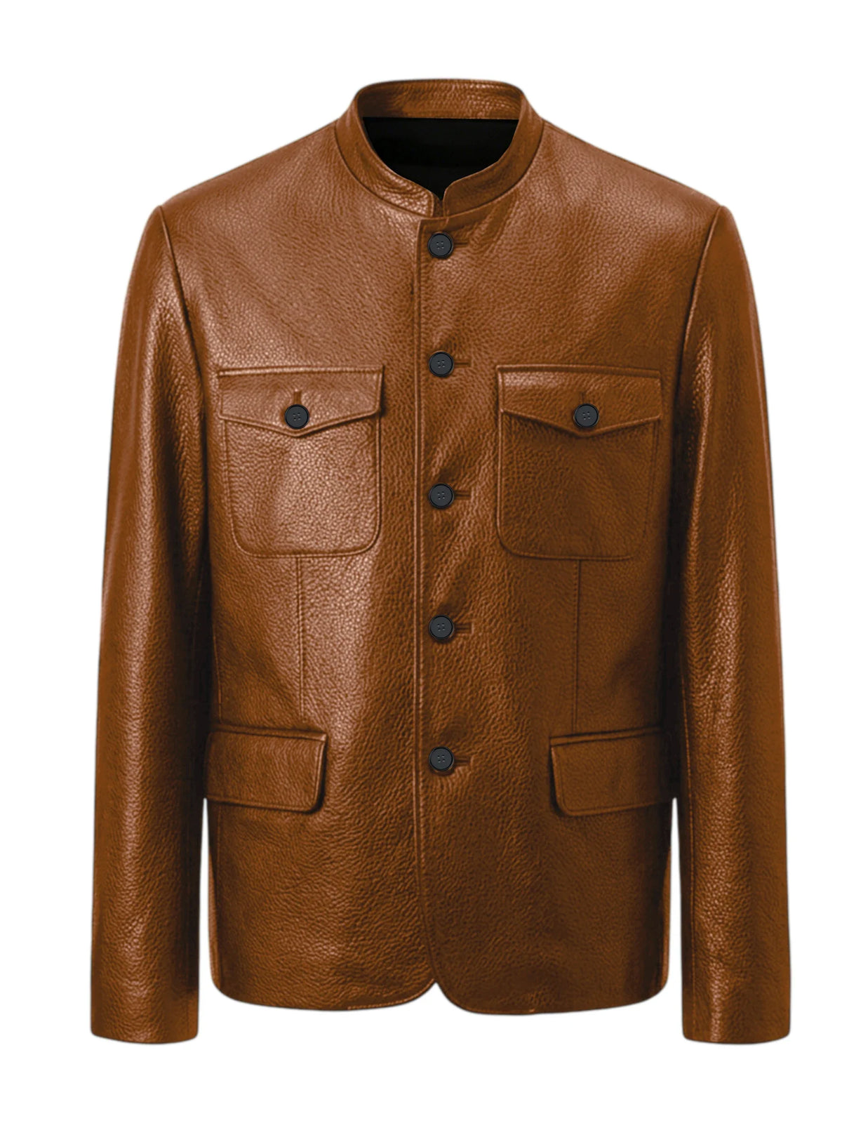 Men Premium Leather-Like Stand Collar Jacket Single Breasted Casual Multi-Pocket Slim Fit Business Outerwear