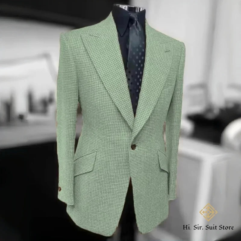 Houndstooth Blazer Men Slim Fit Plaid Suit Jacket Tuxedo One Button Peak Lapel Business Casual Wedding Prom Sport Coats Hot Sale