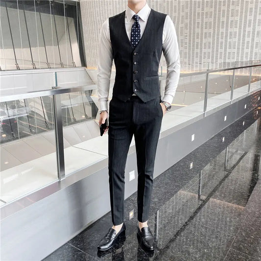 Men's High-End Three-Piece Suit Set Korean Style Slim-Fitting Business Casual Jacket Groom's Fashionable Wedding Party Wear