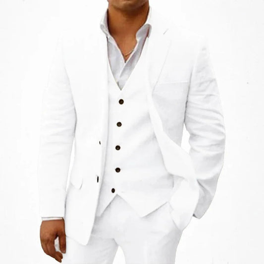White Men's 3 Piece Linen Suit Slim Fit Notch Lapel Single Breasted Blazer Vest Pants Set Summer Casual Business Wedding Suit