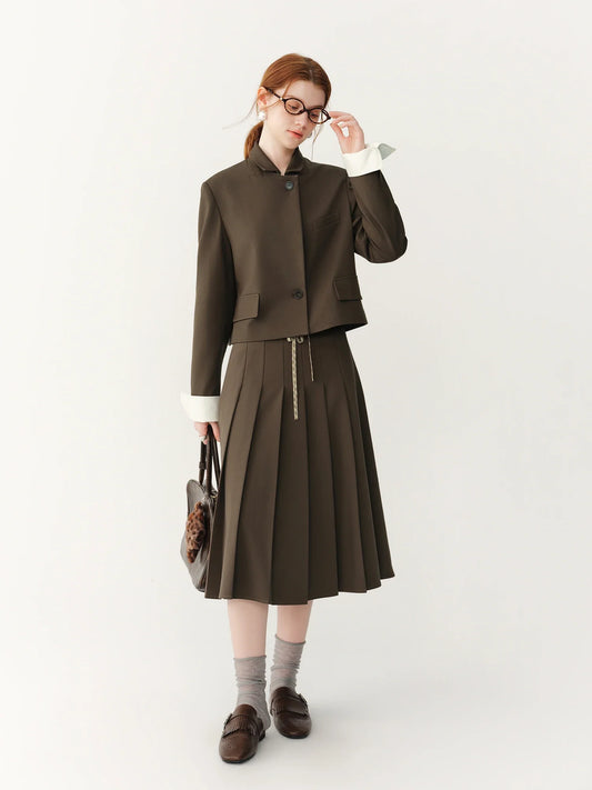 FSLE 2026 Fall Women's Korean-Inspired Petite Cropped Camel Acetate Lyocell Blend Blazer - Chic Office Commute Outerwear