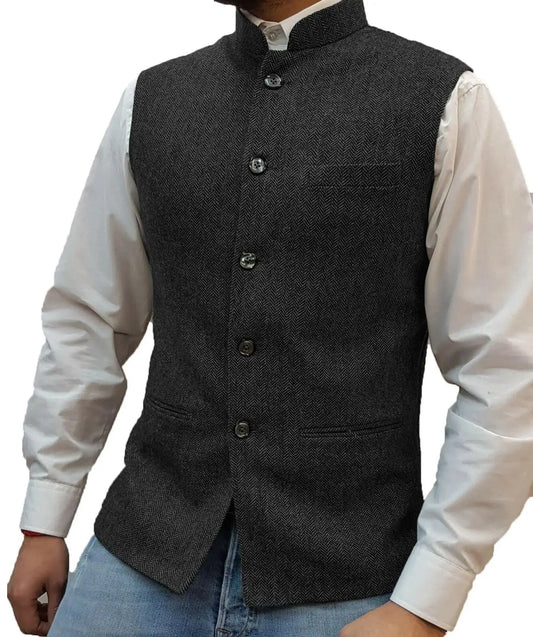 Men's Vest Standing Collar Herringbone Woolen Blend Single Breasted Waistcoat for Business & Casual Wear