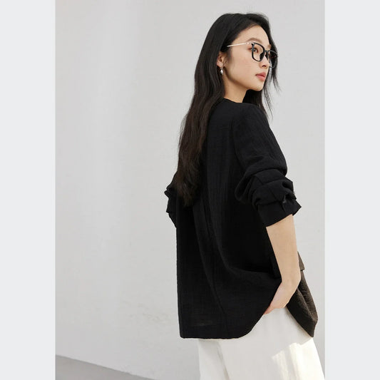 Women's Black Blazer New Autumn 2026 V-neck Loose-fit Casual Office Lady Tailored Coat Fall Fashion Elegant Jackets A0511