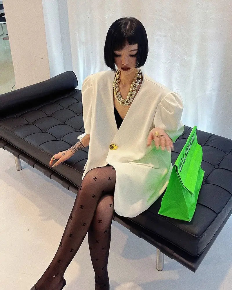 Loose Fit One Button Bubble Sve V Ne Women's Suiting Top Korean Design Summer Casual Versatile Faion Polyester
