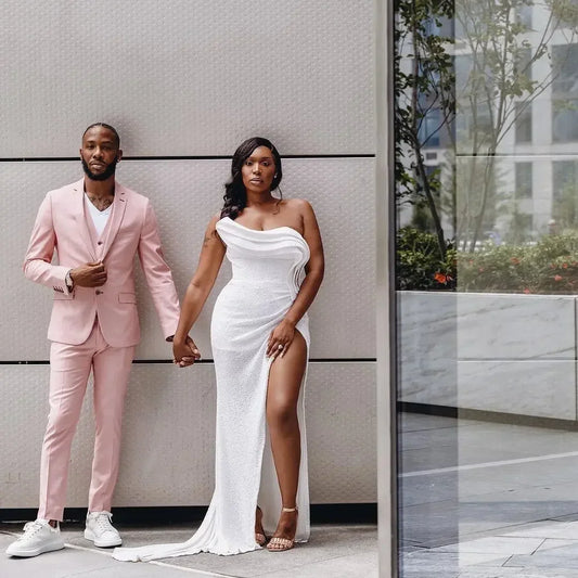 Pink Summer Linen Formal Wedding Elegant Men Suit Groom Tuxedo Prom Slim Fit Blazer Hombre High Quality Custom 3 Piece Set