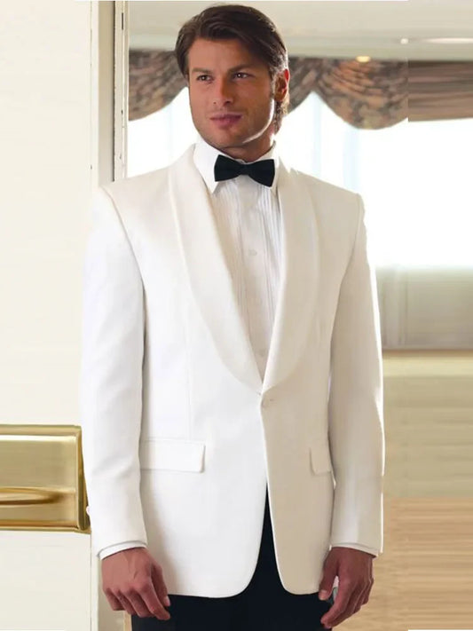 Ivory Men's Groom Tuxedos 2 Pieces Shawl Lapel One Button Blazer Black Pants Business Tuxedo Formal Suit for Men Jacket Trousers