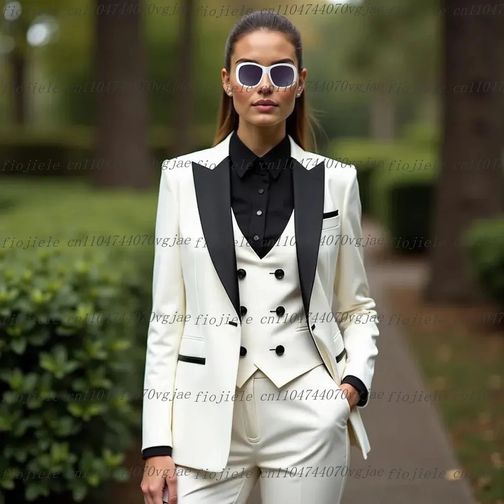 White And Black Formal Business Women Suit Wedding Party Prom Ladies Mother Girl Tuxedos Costume 3 Piece Set Blazer Vest Pants