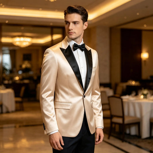 Men Champagne Satin Tuxedo Blazer Black Peak Lapel One Button Slim Fit Formal Wedding Party Evening Gentleman Suit Jacket