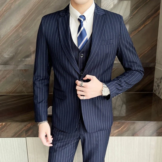 Men's Linen 3-Piece Slim Fit Suit – Peak Lapel | Blue & Beige | XS–6XL
