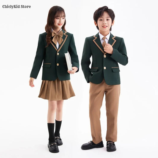 Children British Green School Uniform Girls Korean Jacket Pleated Skirts Boys Blazers Pants Suits Kids Teens Student Clothes Set