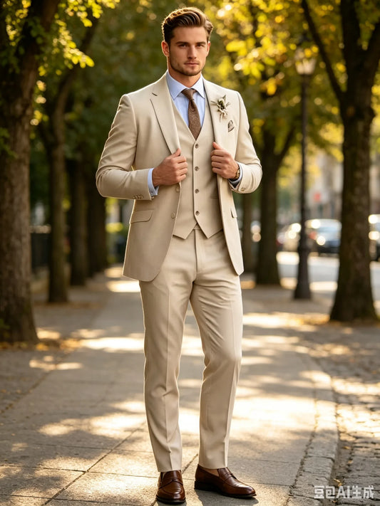 New 3 Pieces Khaki Wedding Men's Suits Groom Men Suits Slim Fit Prom Party Tuxedo Formal Events Dress Suit(Blazer+Pants+Vest)