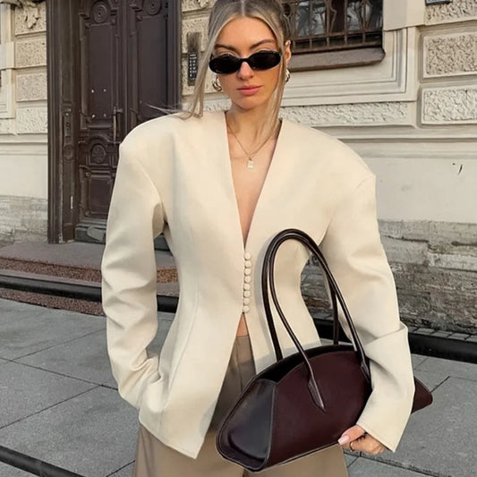 Womens Apricot V Neck Waist Cinched Long Sleeve Structured Blazer Cardigan Spring Fall New Unique Elegant Casual Chic Trendy