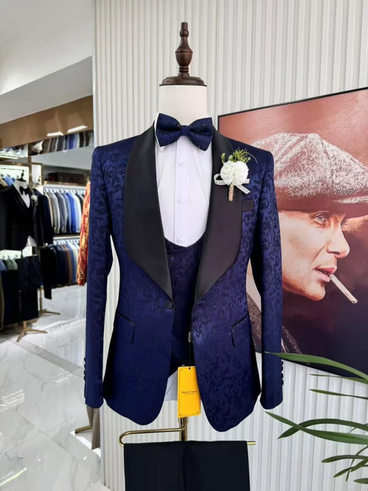 Exquisite Men's Jacquard Suit Set 3 Pieces Wedding Party Prom Wear Classic Shawl Lapel Suit Jacket Man Stage Performance