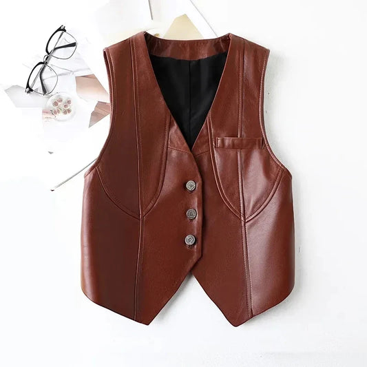 V-neck PU Leather Vest Women's Waistcoat Spring Autumn New Female Irregular Short Camisole With Sleeveless Leather Vest