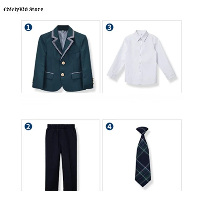 Boys Green Blazers Pants School Uniform Girls Jacket Skirt Shirt Tie Suits Kids Formal Dress Tuxedo Children Student Clothes Set