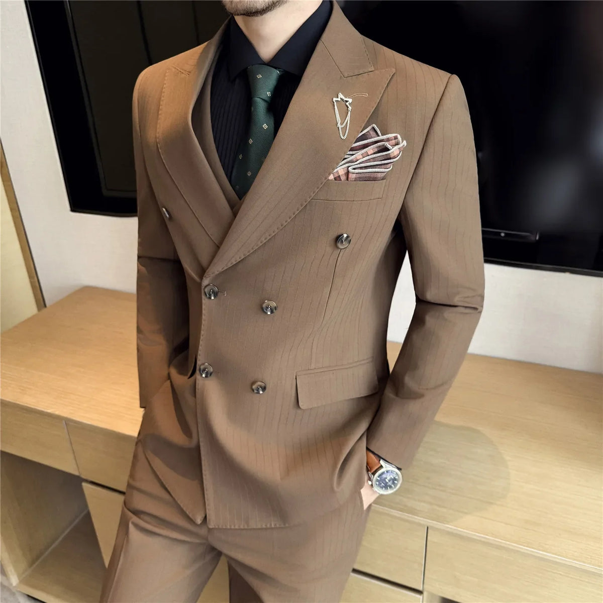 Classic Striped Wedding Suit Set Men 3 Piece Set (jacket+vest+pant) Business Formal Casual Suits Office Party Prom Groom Suit