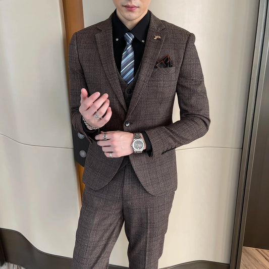 Men's Linen 3-Piece Slim Fit Suit | Peak Lapel Wedding Suit in Blue & Beige