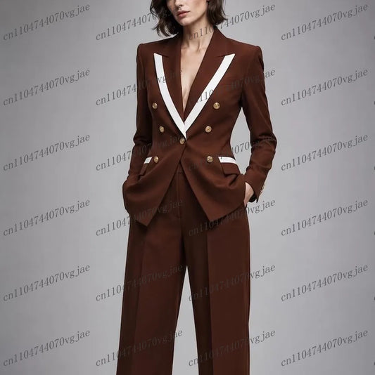 Brown And White Formal Business Women Suit Wedding Party Prom Ladies Mother Girl Tuxedos Costume 2 Piece Set Jacket Pants