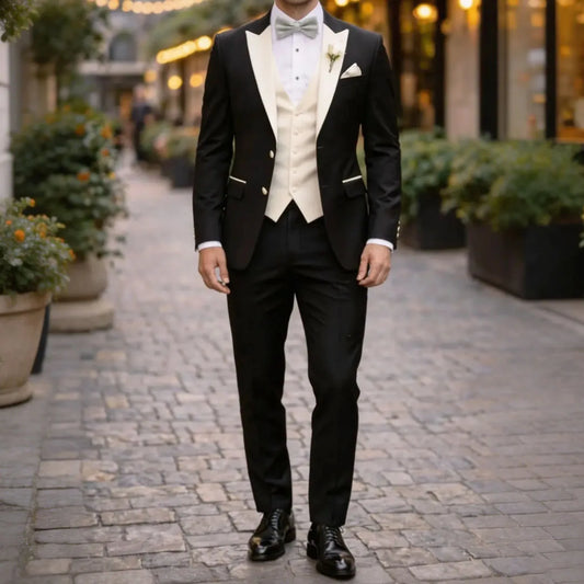 Men Suit Black Ivory 3 Pieces Single Button With Lapel For Wedding Birthday Banquet Party Business Work Office Jacket Vest Pants