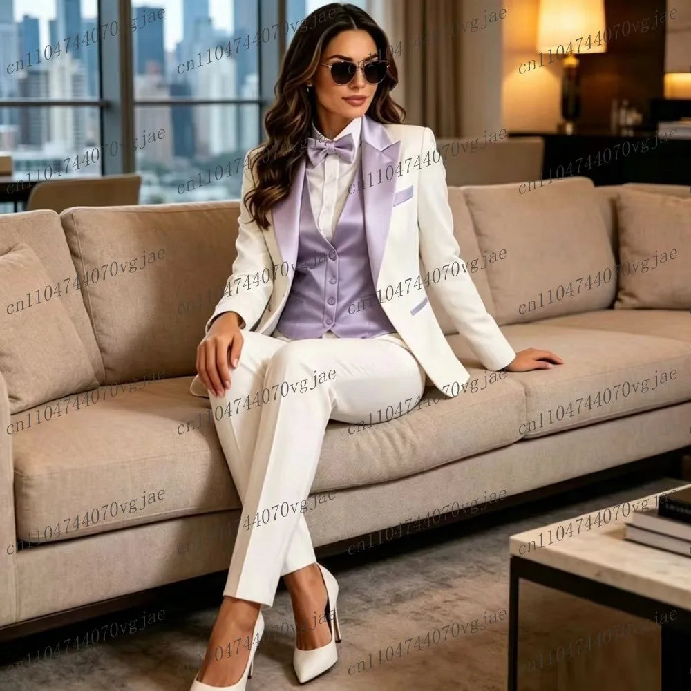 White And Light Purple Formal Business Women Suit Wedding Party Prom Ladies Mother Girl Tuxedos 3 Piece Set Blazer Vest Pants