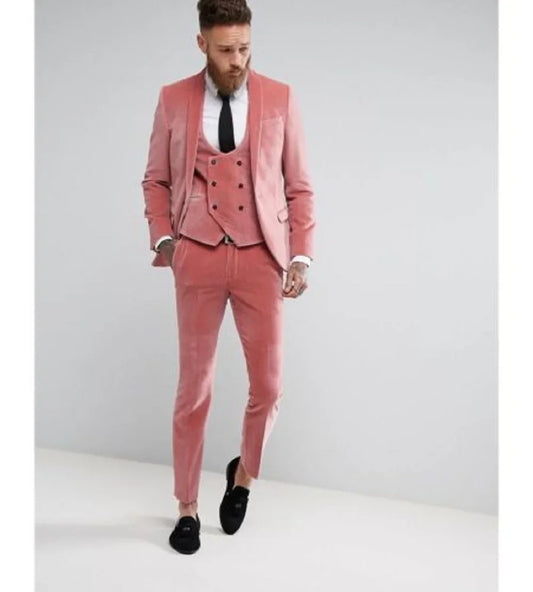 Fashion Winter Groom Wedding Dress Slim Fit PINK Velvet Men's Tuxedo Suit Custom 3 Pics Jacket+Vest+Pants