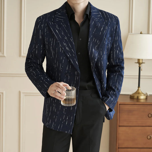 Autumn Winter Striped Suit Jacket Men British Style Slim Fit Double Breasted Casual Business Jackets Wedding Groom Men Blazers