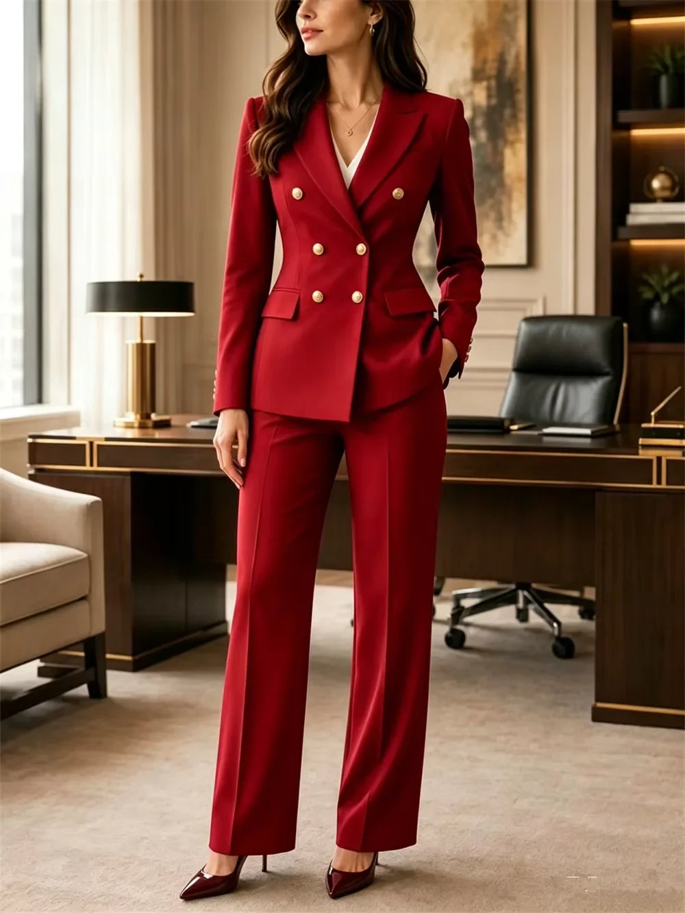 Office Lady Burgundy Women 2 Piece Pant Set Suit Double Breasted Gold Button Fitted Blazer Pants Office Business Prom Customized