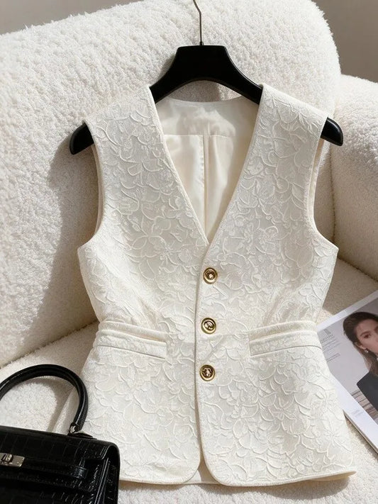 Elegant White Jacquard Waistcoat Vest For Women V‑neck Fit Waist Decorative Sleeveless Blazer Office Commuter Tailored Outerwear