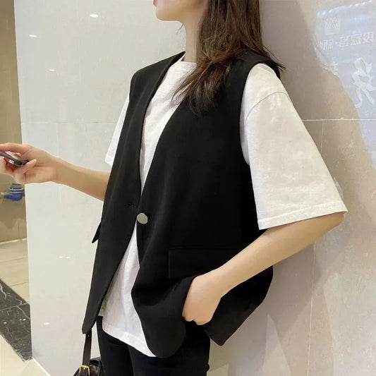 Spring Autumn Ladies Solid Sleeveless Vest Jacket Feminine V-neck Blazer Waistcoat Tops Coat Korean Women Fashion Leisure Suit