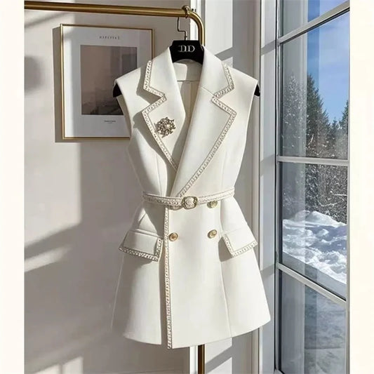 Spring Autumn Women Suit Vest New Fashion Color Block Pocket Single Breasted Sleeveless Jacket Female Waistcoat Casual Tops Coat