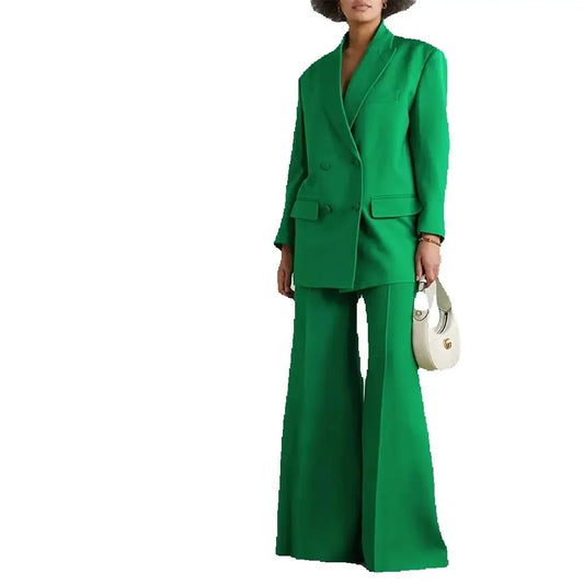 Green Loose Double Breasted Women Suit Two Pieces(Jacket+Pants) Outfits Chic Casual Party Prom Wedding Set