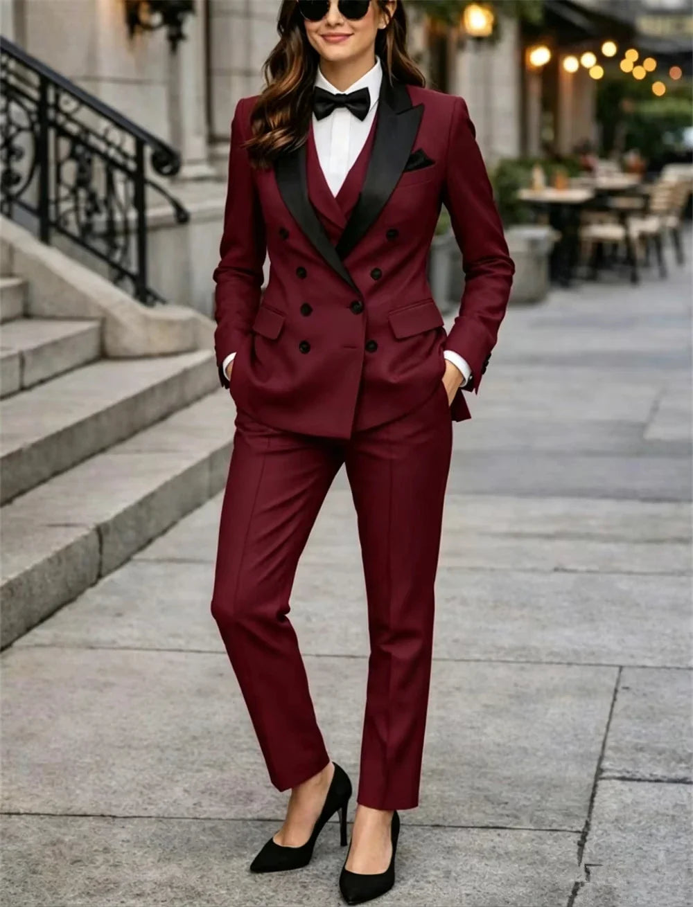 Double Breasted Red Women's Suits 3 Pcs Tailor Made Paintsuit Women Suits Formal Party Office Wear Dresses Blazer+Vest+Pant
