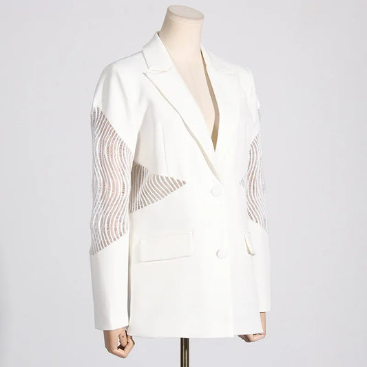 Spring Autumn New Women Blazer Hollow Out Sheer Lace Patchwork Single Breasted Long Sleeves Trend Elegant Sexy Coat HK18271