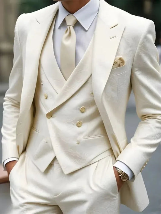 Men White Jacquard 3 Pieces Suit Slim Fit Blazer Vest Pants Set Peak Lapel Formal Wedding Groom Tuxedo Cocktail Customized