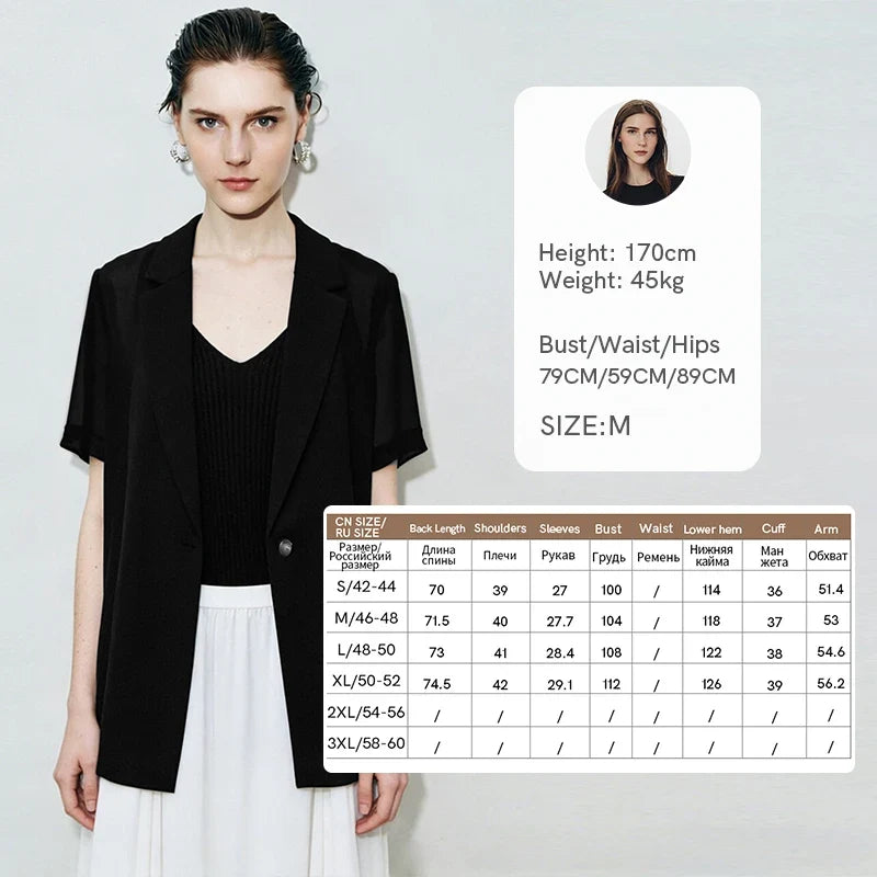 Women's Blazer 2026 Summer New Notched Lapel Chiffon Splicing Short Sleeve Jacket Women's Single Button Casual Top 12622126
