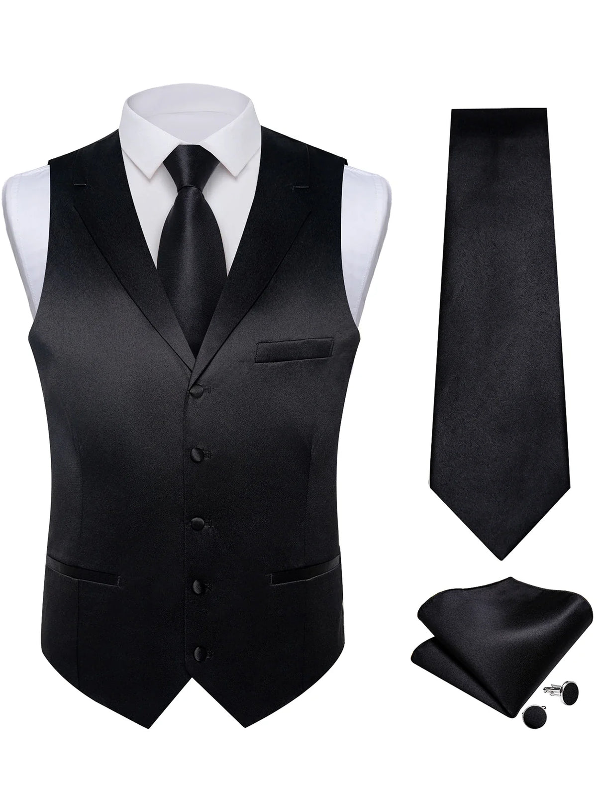 Men's Suit Vest & Tie Set – Solid Color Satin Formal Waistcoat for Weddings and Business