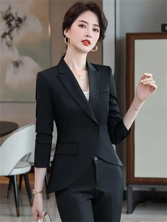Slim 2 Piece Sets Office Wear Women 2025 New Fashion Turn Down Collar Single Button Blazers Casual Pencil Pant Suits