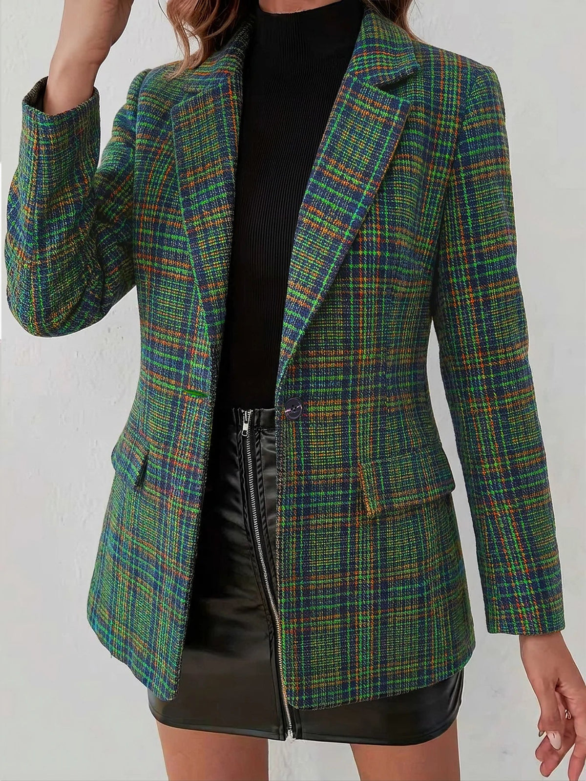 Women's Color-Block Plaid Flat-Lapel Single-Breasted Blazer