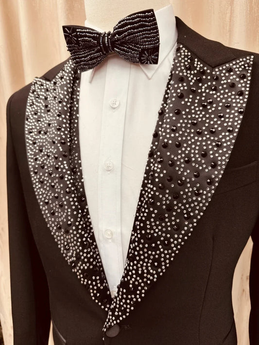 New Black Beaded Men's Suits 3 Pieces Party Prom Wear Stylish Exquisite Man Peak Lapel Suit Set Stage Performance Wear S-3XL