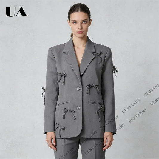 Designer Women's Blazer with Bow Applique Office Casual Suit Jacket Double Button Suit Jacket for Women Actual Photo