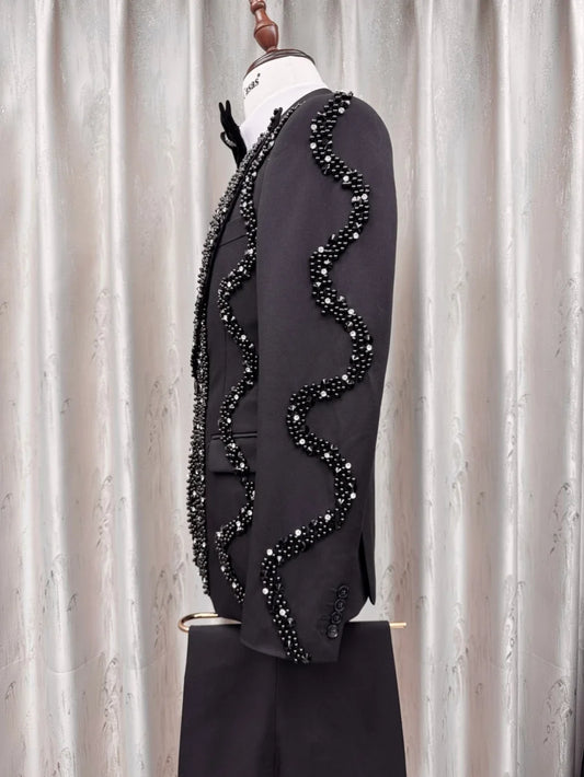 Black Gorgeous Pearls Suit Set 3 Pieces For Men Banquet Party Wear Handsome Elegant Men's Slim Fit Suits Wedding Groom Sets