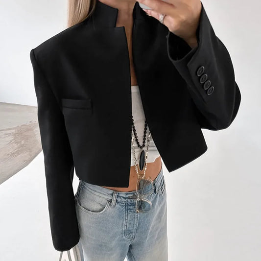 Womens Black Cropped Stand Collar Long Sleeve Blazer Jacket 2026 New Spring Fall Office Niche Design Chic Trendy Classy Workwear