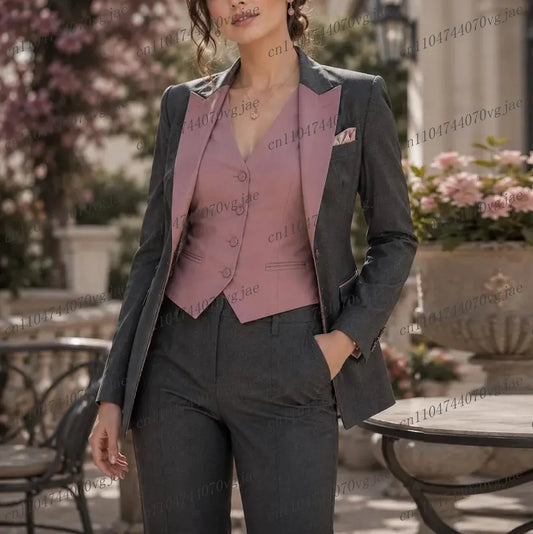 Dark Grey Pink Formal Business Women Suit Wedding Party Prom Ladies Mother Girl Tuxedos Costume 3 Piece Set Blazer Vest Pants